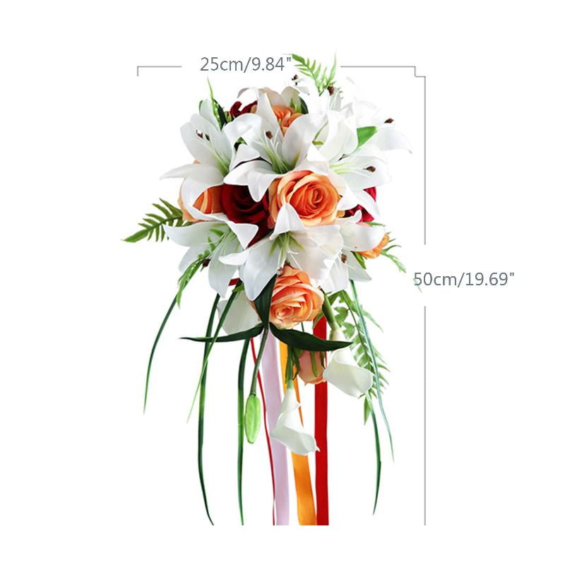 Zeiwohndc Artificial Lily Cascading Bridal Bouquet with Green Leaves Satin Ribbon Handle Water Drop Style Waterfalls Rose Wedding Holding Flower Party Photo Props