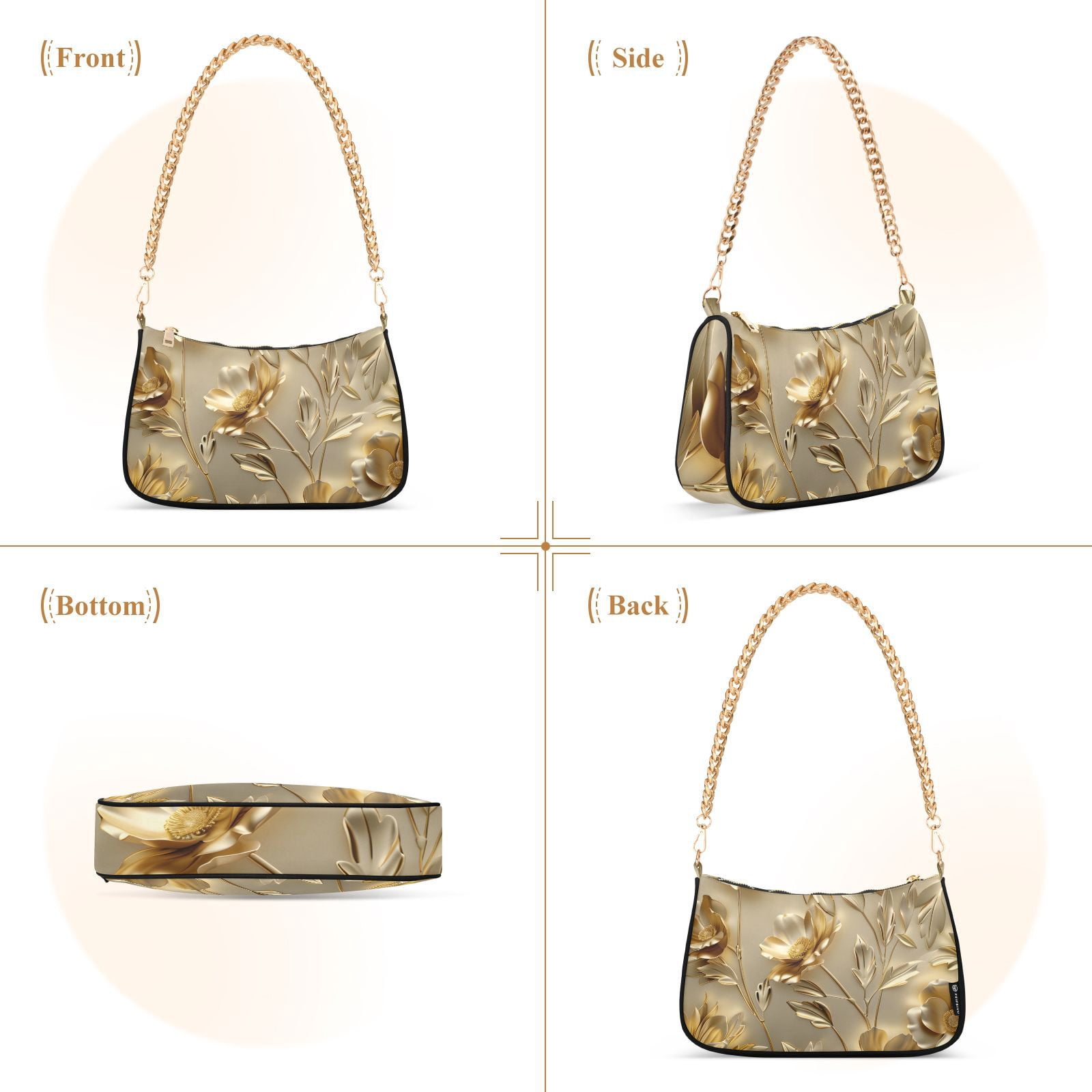 Gold Flowers and LeavesWomen Small Shoulder Bag Crossbody Tote Hobo Bags Purse Clutch Handbags with Chain Strap for Women