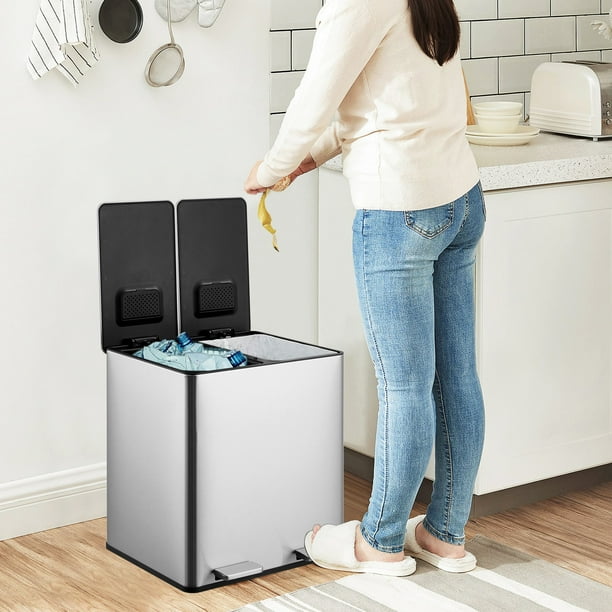 QinaQin Bote de basura de 30 L con doble compartimento, acero inoxidable con pedal, tapa de cierre suave, cubetas removibles y acabado antihuellas para basura y reciclaje en cocina