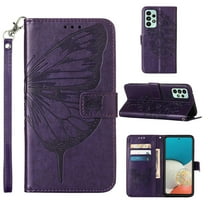 Dteck for Samsung Galaxy A53 5G 6.5 inch Butterfly & Flower Embossed PU Leather Wallet Phone Case with Hand Strap,Shockproof Slim Fit Magnetic Flip Holder Card Slots Protective Cover,Purple