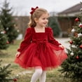 thumbnail image 5 of WUANDIXFA Toddler Baby Girl Christmas Velvet Dress Square Neck Puff Long Sleeve Bow Holiday Party Dress,Red,2-3 Years, 5 of 9