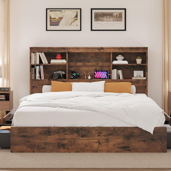 Full Bed Frame with Storage Headboard, Wooden Bed Frame with Charging Station, Storage Bookcase & Full Size Platform Bed with 4 Drawers, No Box Spring Needed, Noise-Free, Vintage Brown