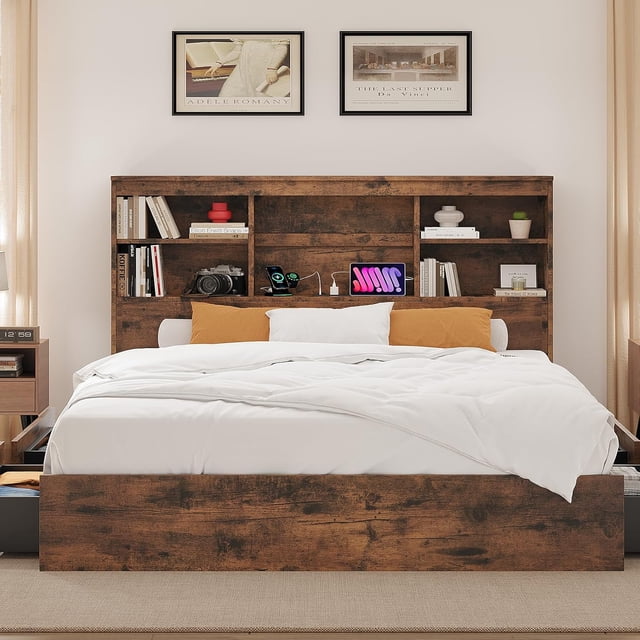 Full Bed Frame with Storage Headboard, Wooden Bed Frame with Charging Station, Storage Bookcase & Full Size Platform Bed with 4 Drawers, No Box Spring Needed, Noise-Free, Vintage Brown