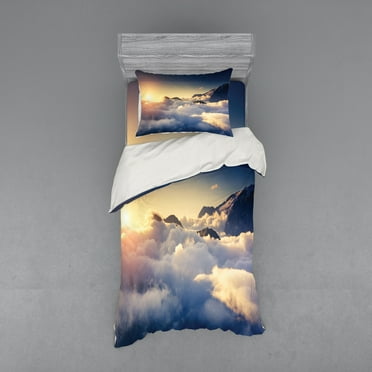 Ambesonne Mountain Bedding Set 3 Pcs, Climbing Above Clouds, Twin, Beige Navy