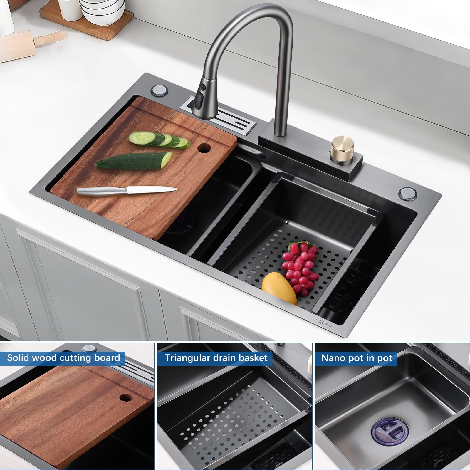 Empire Ceramic Kitchen Sink with Integrated Waterfall and Pull-down Faucet  Set/304 Grade Stainless Steel Sink with Cup washer and Drain Baskets  (30x18x9 inch, Nano Coating) - Empire Ceramic