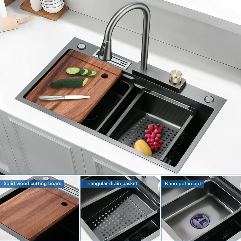 Drop-in Kitchen Sink Flying rain Waterfall Kitchen Sink Set 30x 18 304  Stainless Steel Sink Topmount with Pull Down Faucet, and Accessories 