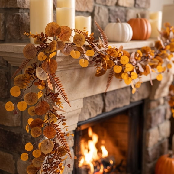 Thanksgiving Fall Foliage Garland 6FT, Artificial Orange Eucalyptus & Maple Leaf Hanging Vine, Indoor Outdoor Table Fireplace Holiday Party Autumn Decorations