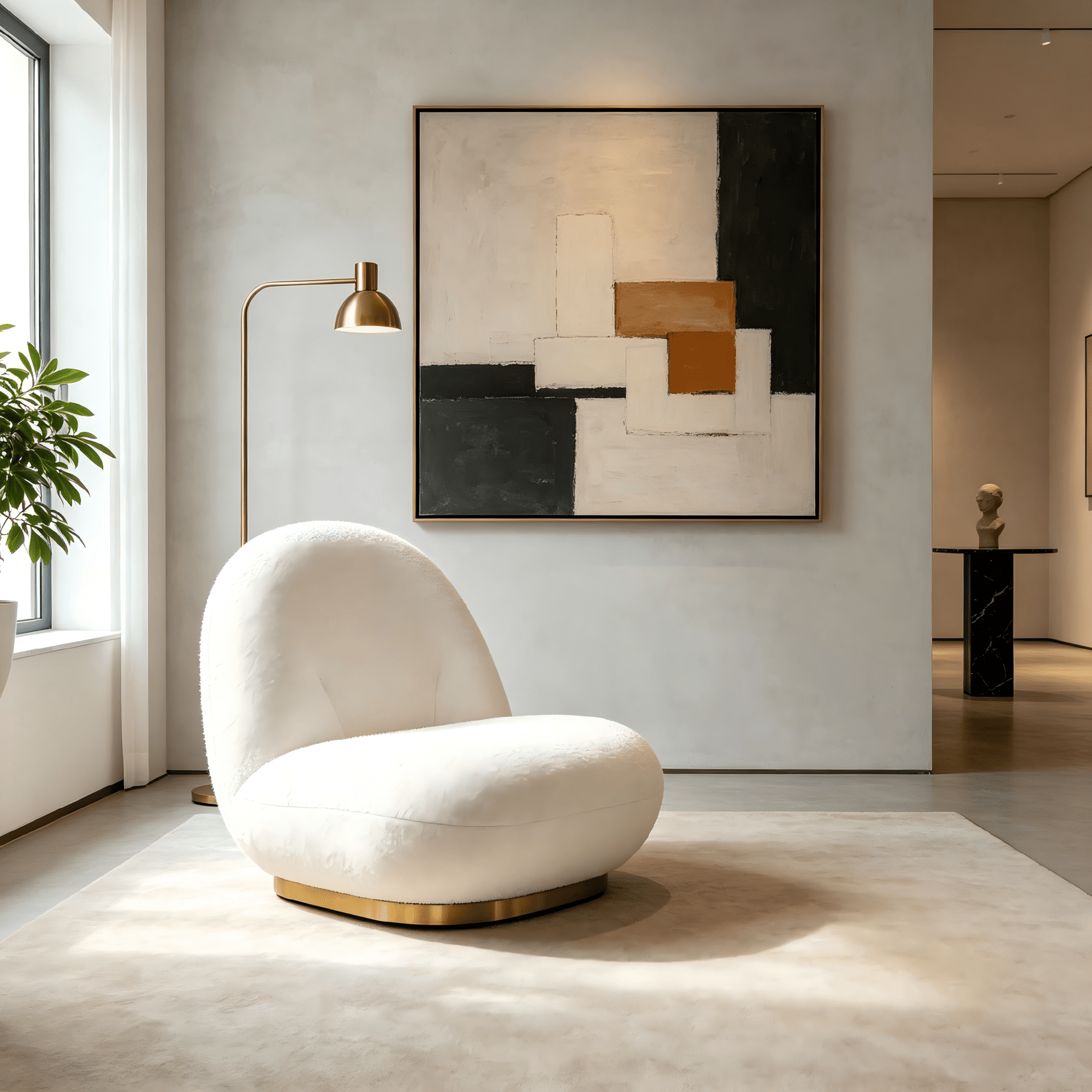 Plush Glam White Lounge Chair with Gold Base