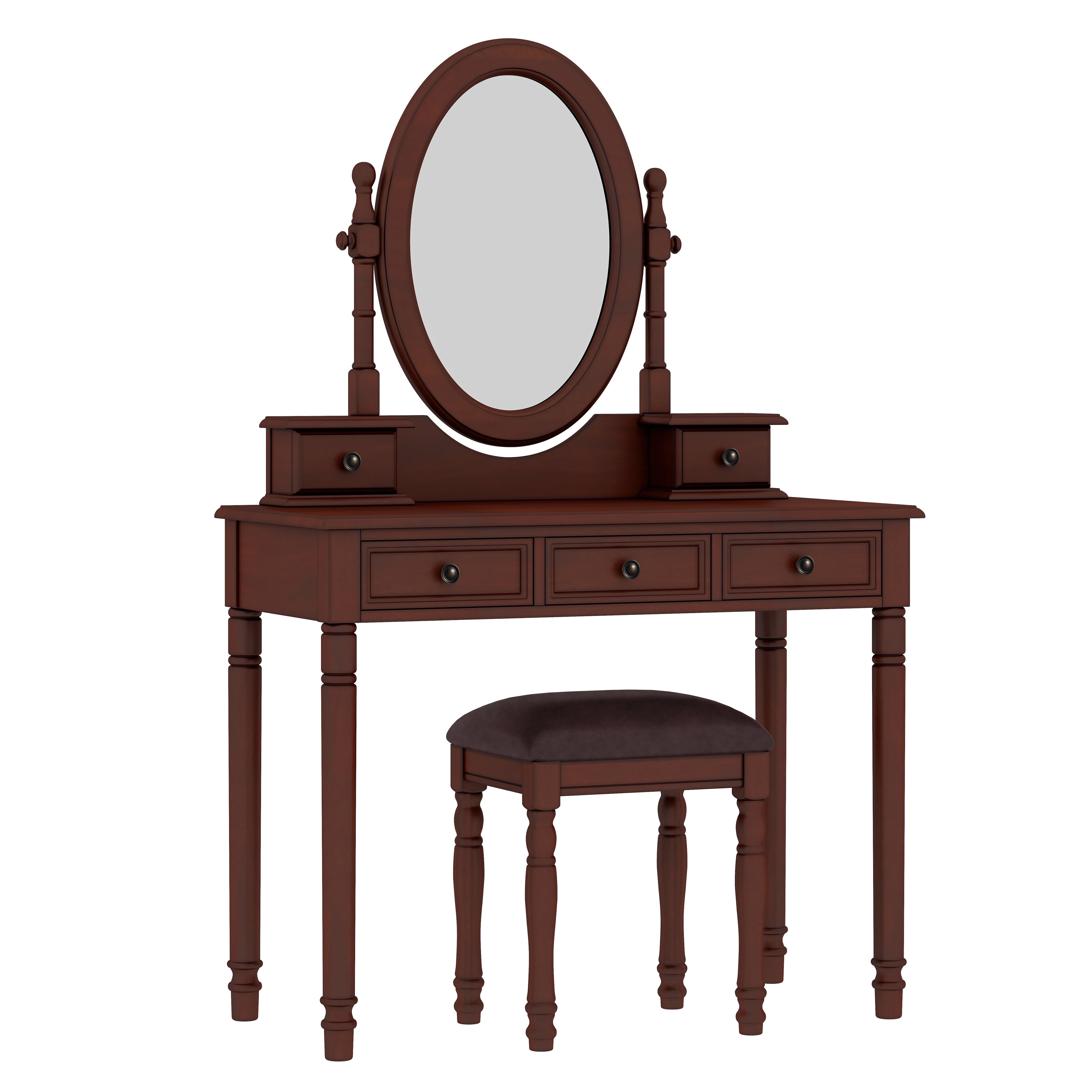 Euroco Vintage Wooden Vanity Desk Set with Adjustable Mirror, Cushioned Stool & 5 Velvet-Lined Drawers, Solid Wood Makeup Table with Oval Mirror and Carved Details