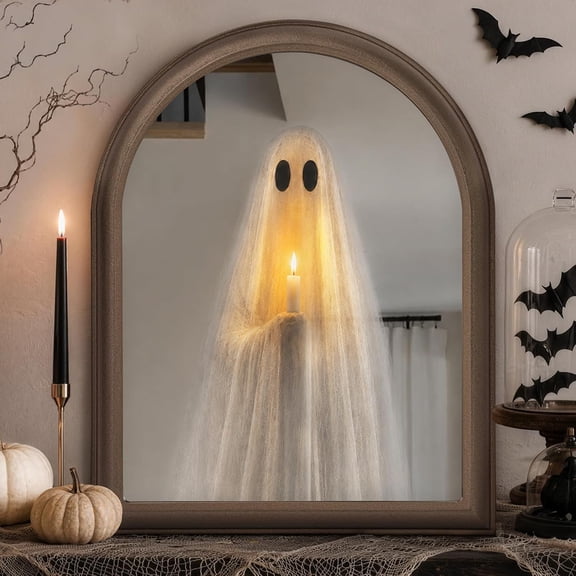 Halloween Decor - 11" x 13.8" Light Up Ghost Mirror - Spooky Halloween Decorations Indoor for Wall Table Mantel Room Home Office Party