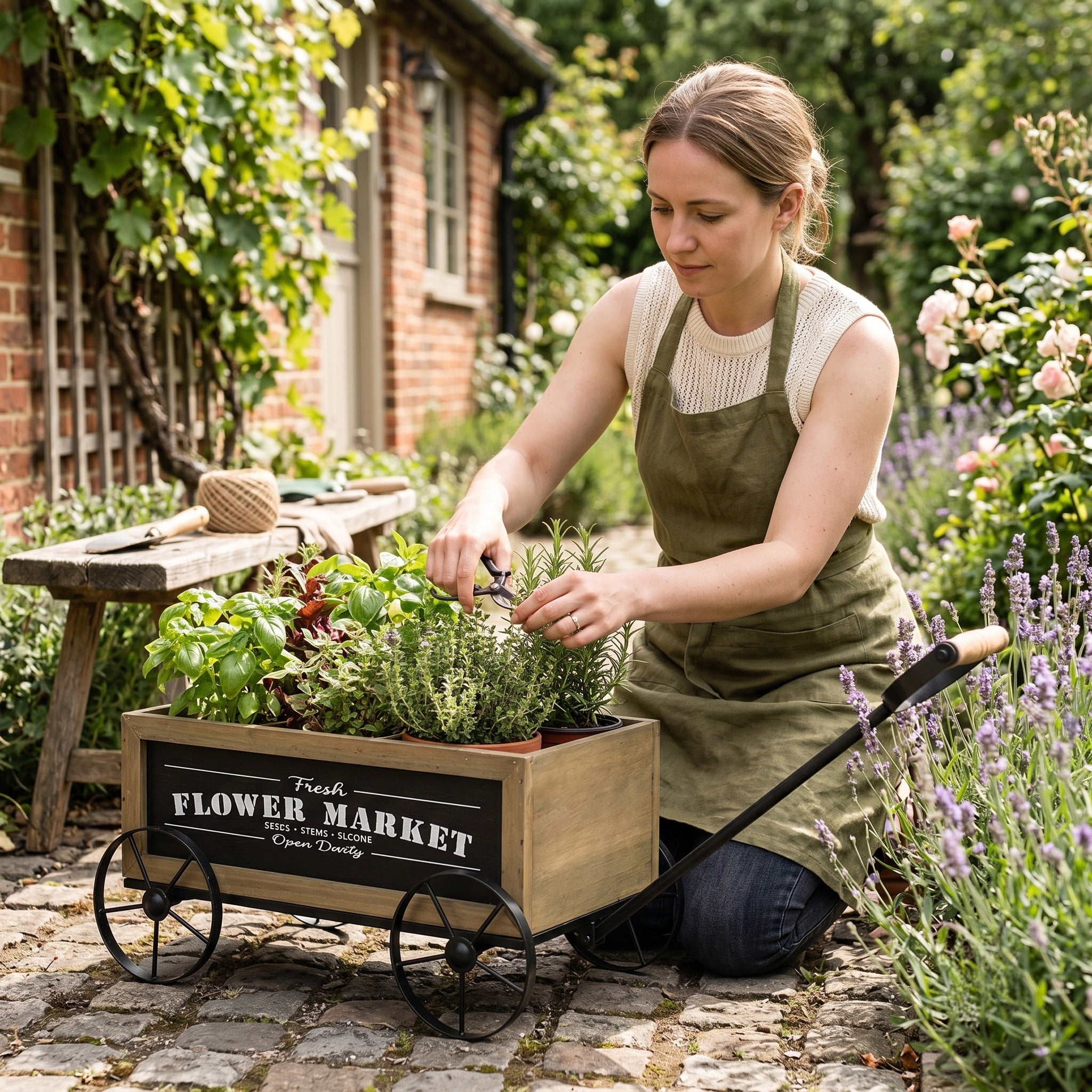 Farmhouse Flower Market Wagon Planter 16.5x9.5x8 Inch Black Metal Wheels for Tabletop Kitchen Counter