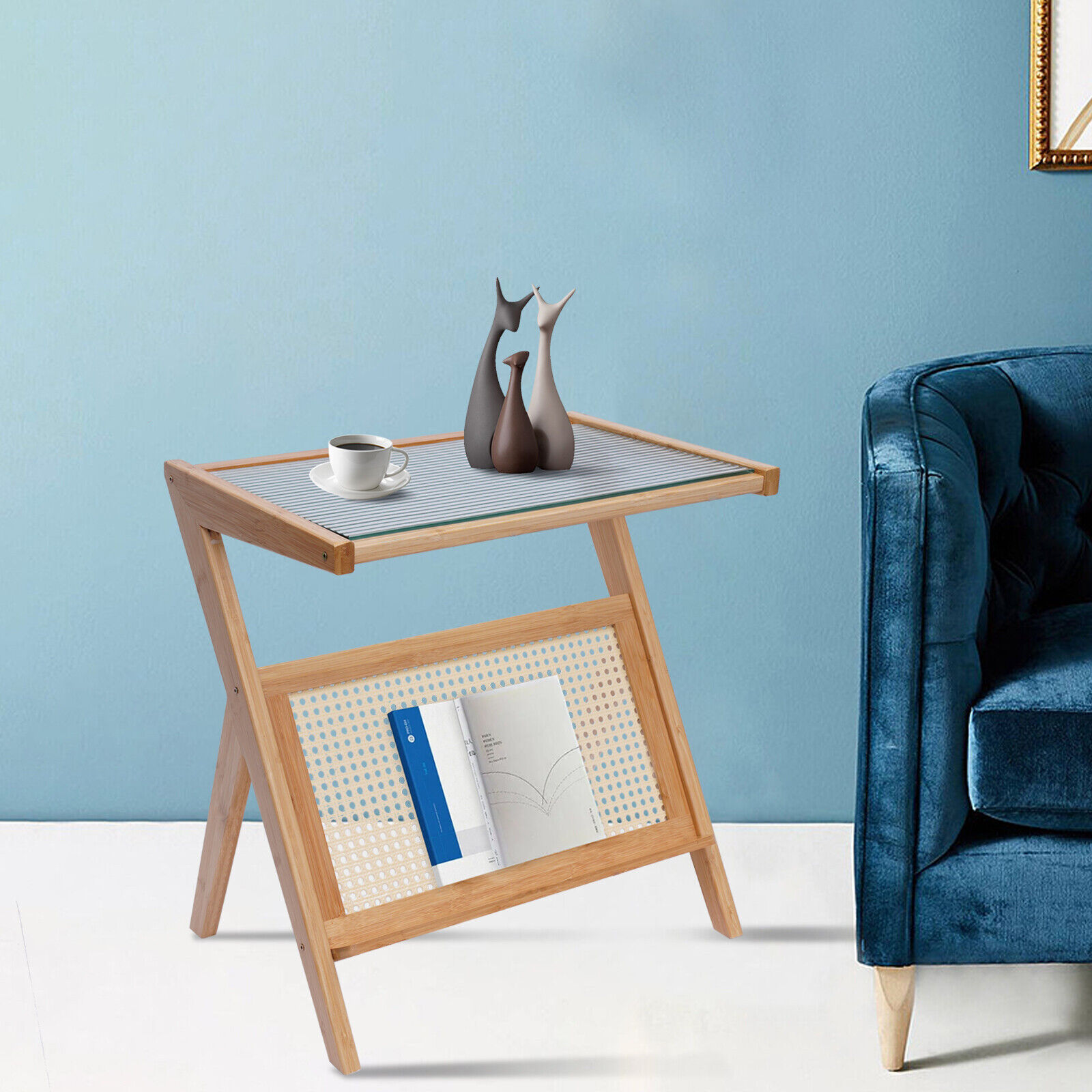 Miumaeov Rattan Side Table Boho End Table Accent Night Stand for Small Space Bamboo Coffee Table