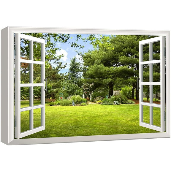 wall26 Print Window Frame Style Beautiful Garden Backyard with Green Trees and Clear Blue Sky in Spring Gallery Stretched - Canvas Art Wall Art - 16"x24"