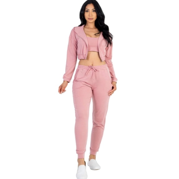 French Terry Cropped Cami with Zip-up Jacket and Joggers Set