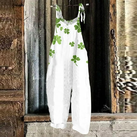 Casual Outfits for Women  Women Bodysuit  Women s Jumpsuits  Rompers & Overalls  Workout Jumpsuits for Women  Women s Jumpsuit St. Patrick Print Casual Loose Vintage Cotton And Linen Overalls  White