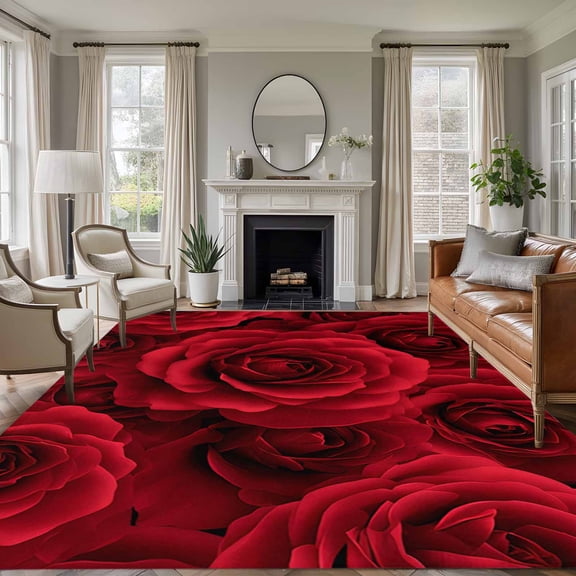 Area Rug for Living Room, Red Roses Non-Slip Indoor Large Carpet for Bedroom/Dining Room, Valentine's Day Flowers Floral Vintage Washable Low-Profile Rectangle Floor Runner Rugs - 5 x 8 Ft