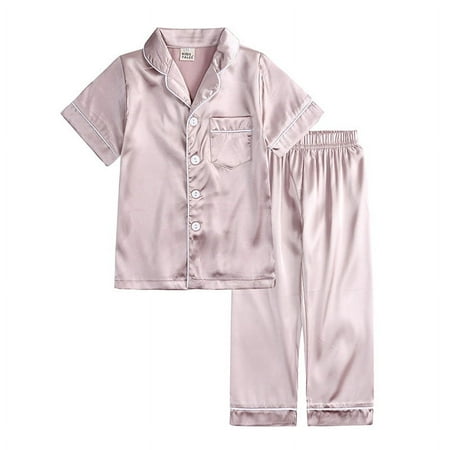 

Godderr 9m-13t Toddler Kids Silk Pajamas Set Soft Satin Pajama Sleepwear 60PCS Button down Pj Set Cozy Silk Nightwear Loungewear Sets for Boys Girls(Short Sleeve Pants)