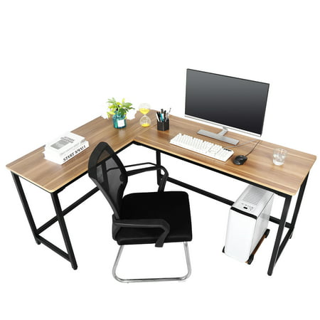 SEGAWE Modern Style L-Shaped Computer Deck Home Office Study Table Workstation - Wood Top & Metal Construction With Flexible Host