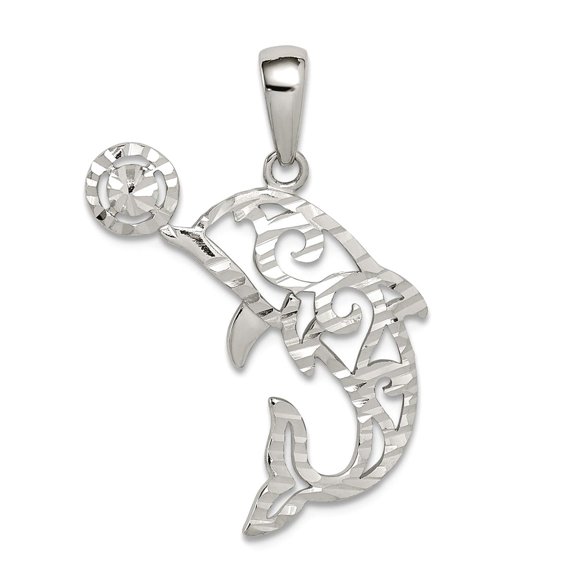 925 Sterling Silver Sparkle-Cut Dolphin With Ball Pendant Necklace 25.96x18.95mm Wide Pendant for Women