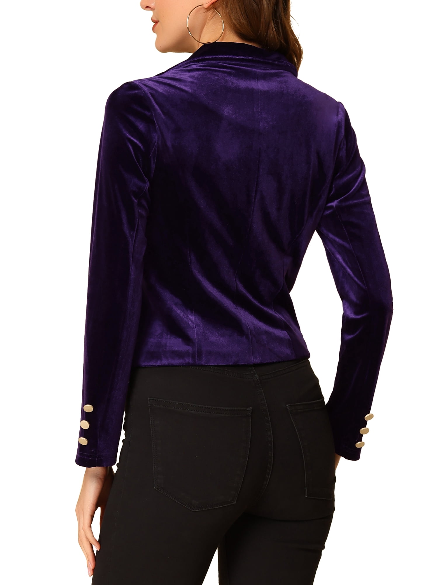DARING DIVA Women's Button Front Velvet Blazer Lapel Crop Suit Jacket L Dark Purple