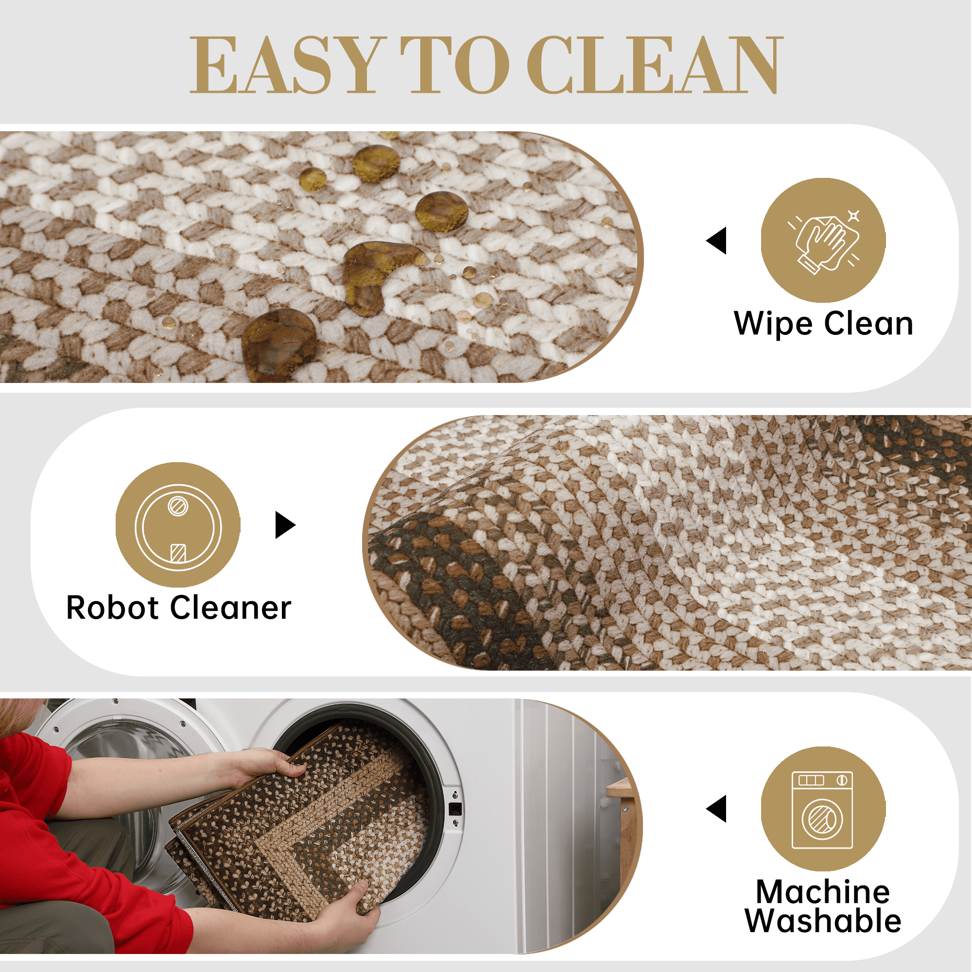 Braided Pattern Washable Area Rug, Super Soft Nonslip Runner for Kitchen Hallway Bathroom Entryway