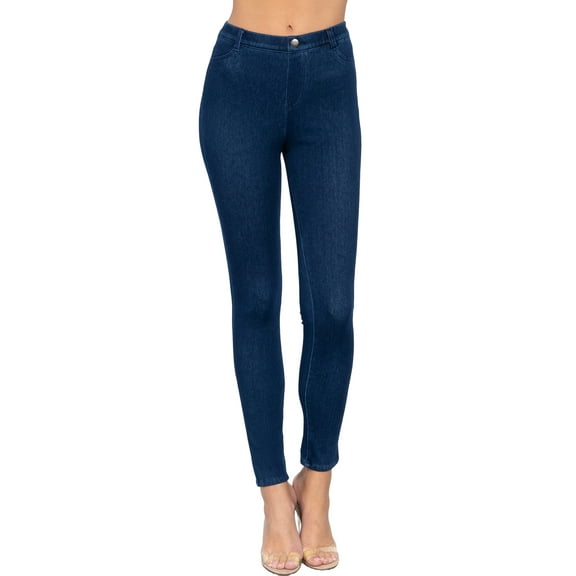 Moa Collection Women's Waist Band with Tack Button Knit Denim Full Length Jeggings