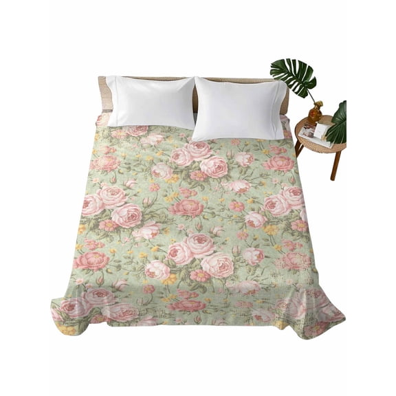 Pink Flowers Flat Sheets Only Twin XL Size, Soft Breathable Bed Top Sheets for Mattress, Green Country Botanical Floral Leaves Luxury Bedding Flat Sheets for Home Hotel Bedroom Bed Protection