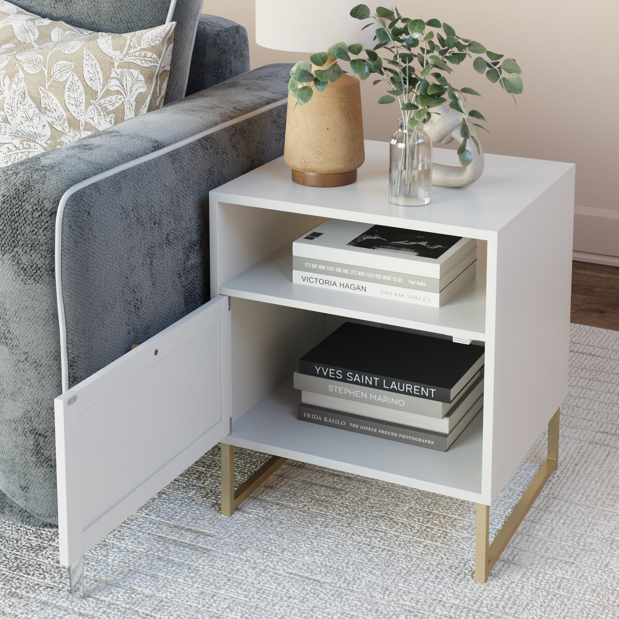Nathan James Mina Square End Table with Rattan Drawer, White/Gold
