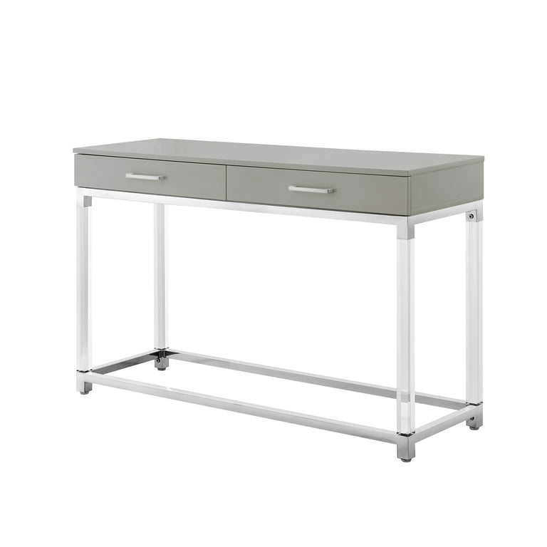 Inspired Home Alena Console Table 2 Drawers High Gloss Acrylic Legs Chrome Stainless Steel Base Modern Design Light Grey Chrome