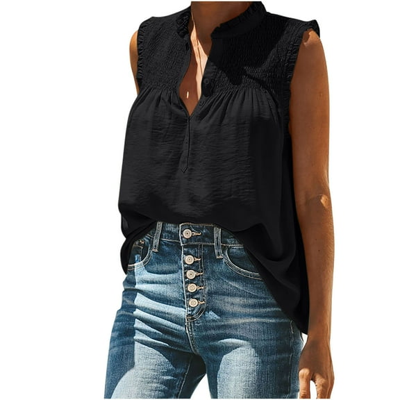 Spring Tops for Women Tank Tops for Women Fashion Women Causal Turtleneck Solid Blouse Sleeveless T-Shirt Summer Button Tops