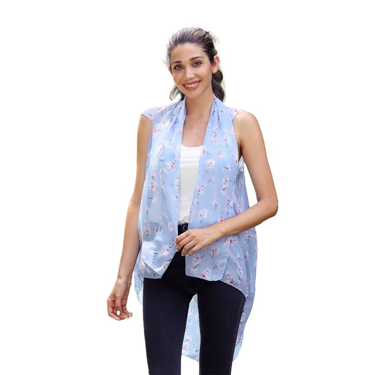 Shop LC Jovie Blue Flower Printed Chiffon Sleeveless Waterfall Cardigan Breathable Birthday Gifts