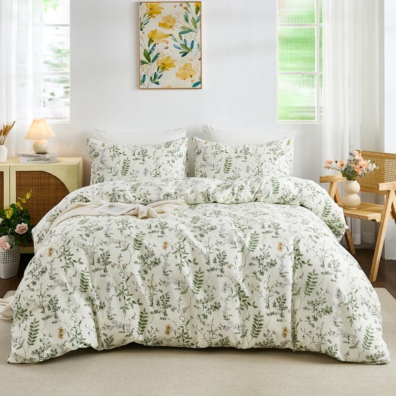 Green Duvet Cover 100% Nature Cotton Reversible Floral Duvet Cover Set with Zipper Closure, 3 Pieces Ultra Soft & Breathable Lightweight Green Bedding Set