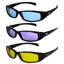 3 Pairs of MF Eyewear Bad Attitude Motorcycle Glasses Shatterproof Polycarbonate Black Frame UV400 Filter, Scratch-Resistant Motorcycle Riding Glasses Blue, Purple & Yellow Lenses
