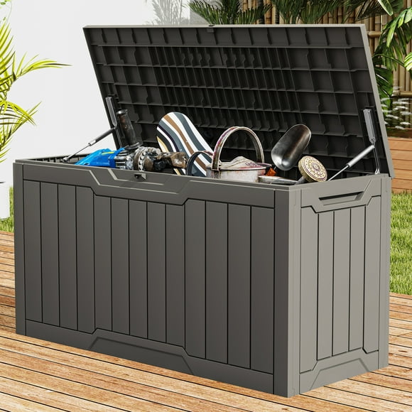 DEXTRUS 80 Gallon Outdoor Resin Deck Box with Side Handles, Weatherproof & Lockable Patio Furniture Storage, Light Brown