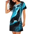 thumbnail image 2 of Honeii Blue Full Moon Wolf Print Women's Loose Short Sleeve Nightgown, Soft Cotton Sleepwear, Comfy Loose Fit Pajama Dress for Sleep and Lounge, 2 of 6