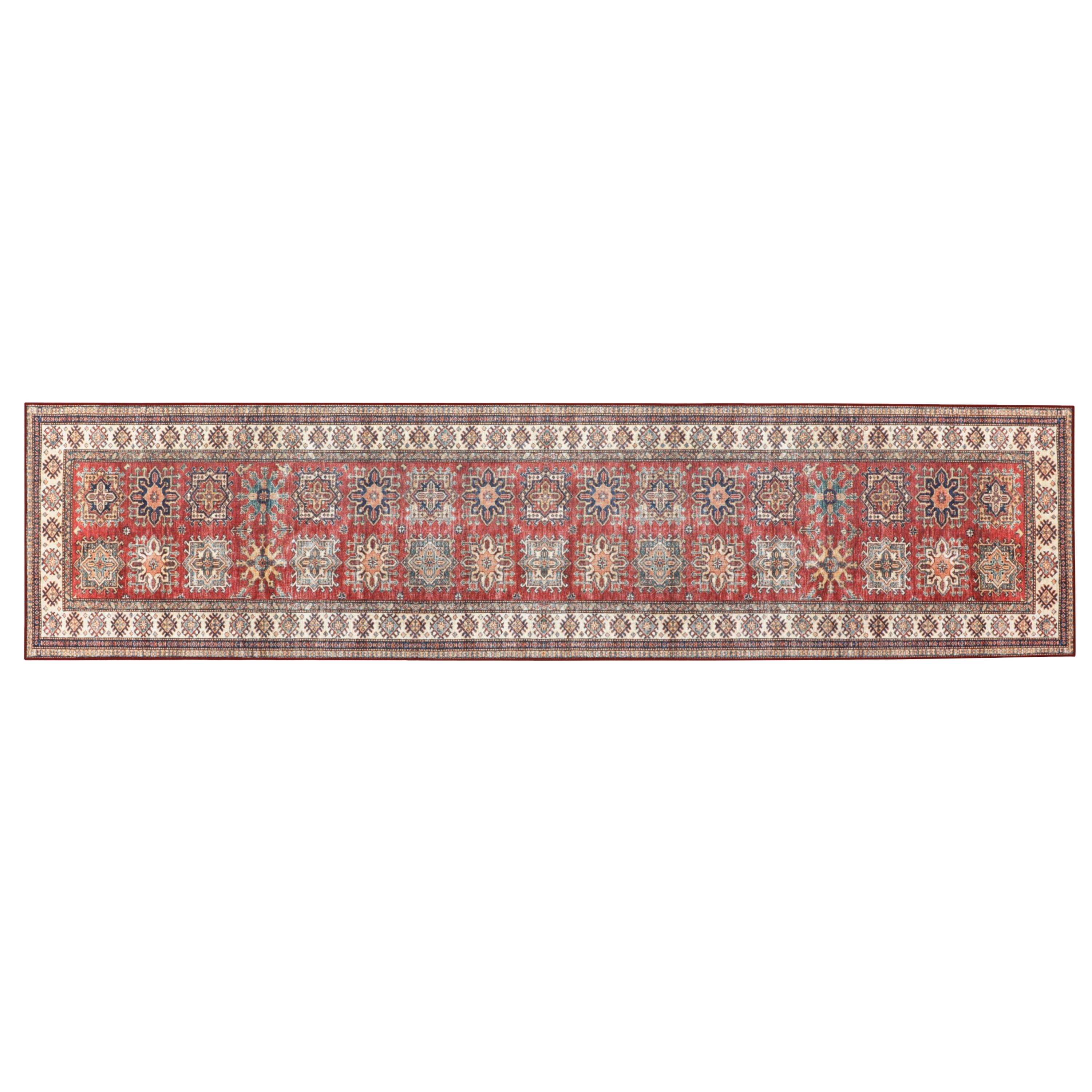 Washable Skid-Resistant Runner Rug Geometric Red 24" x 96"