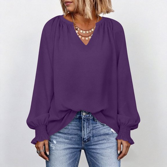 Hurxie Blouses for Women Dressy Casual Flowy Boho Tops V Neck Long Sleeve Shirts Spring Outfits Purple,2XL