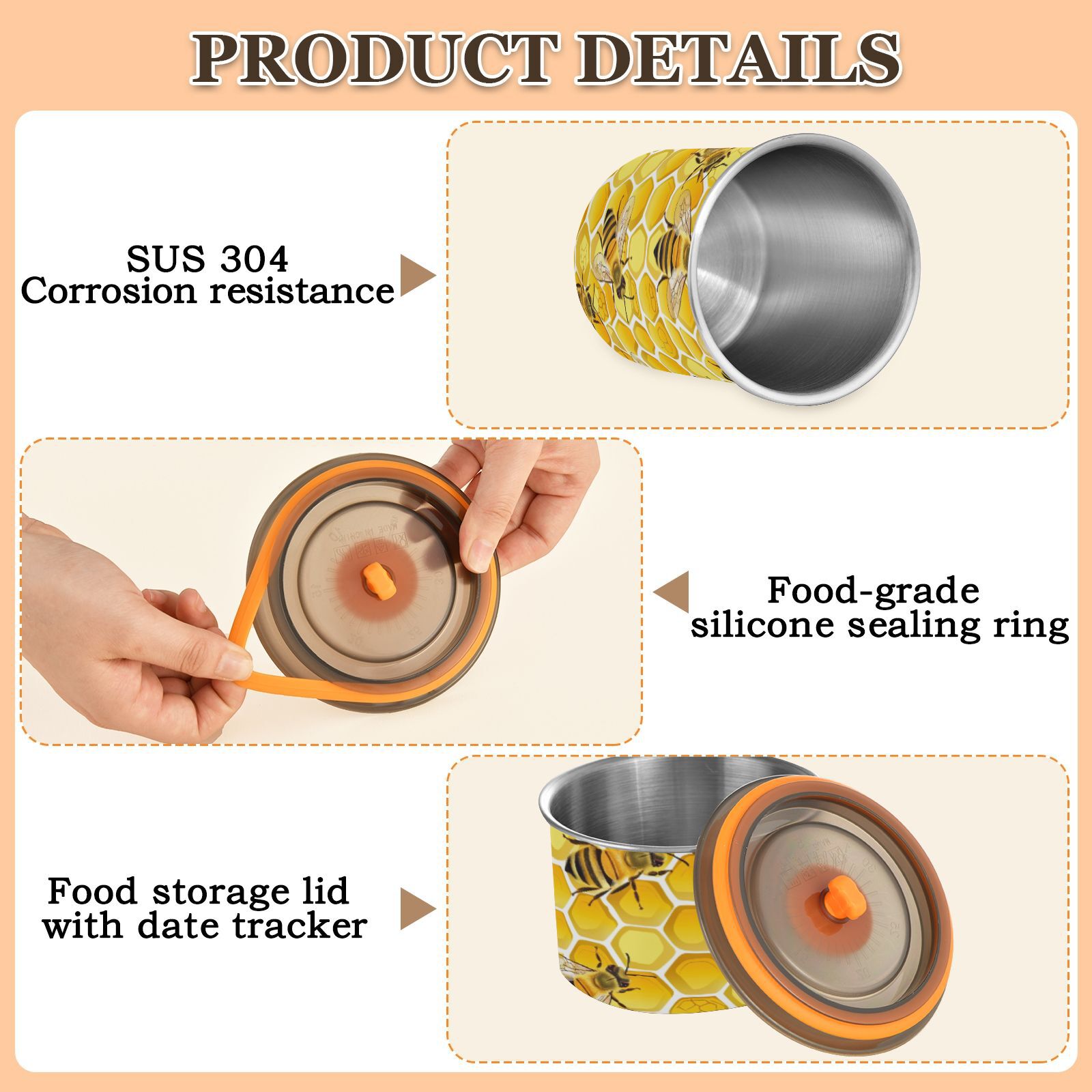 Bee Honeycomb Airtight Coffee Bean Canister 30oz Food Storage Containers with Lids For Gournd, Tea, Sugar, Flour, Rice, Cereal, Candy Cookie Jar