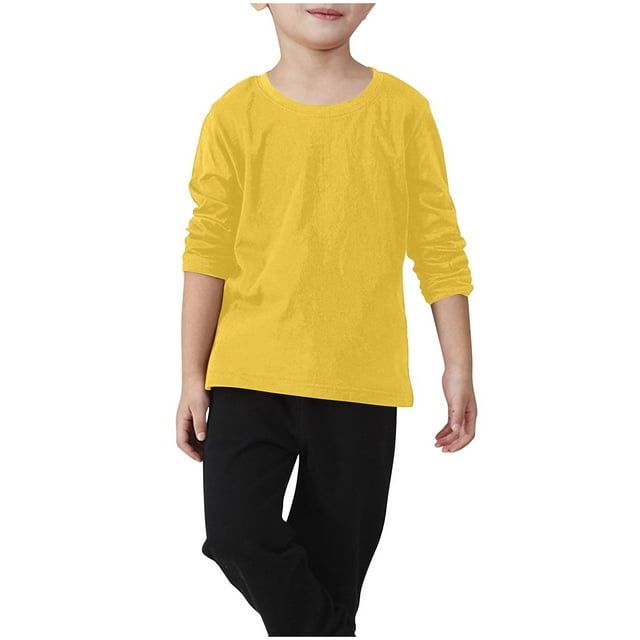 SROBPTY T-Shirts Garçons Filles d'Automne, T-shirt à Manches Longues de Sport Décontracté Uni pour Enfants à Col Rond Jaune 10-11 Ans
