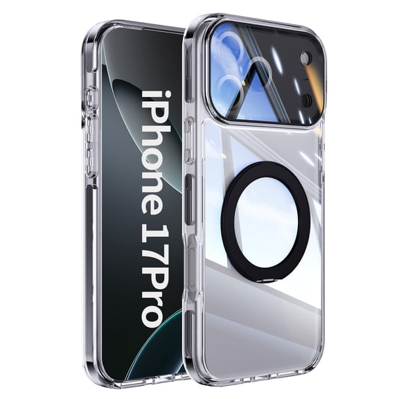 for iPhone 17 Pro Case with 360° Spin Magnetic Ring Stand [Compatible with MagSafe] [Camera Lens Protection], Clear Cover Anti-Yellowing Protection Cases for iPhone 17 Pro, Black