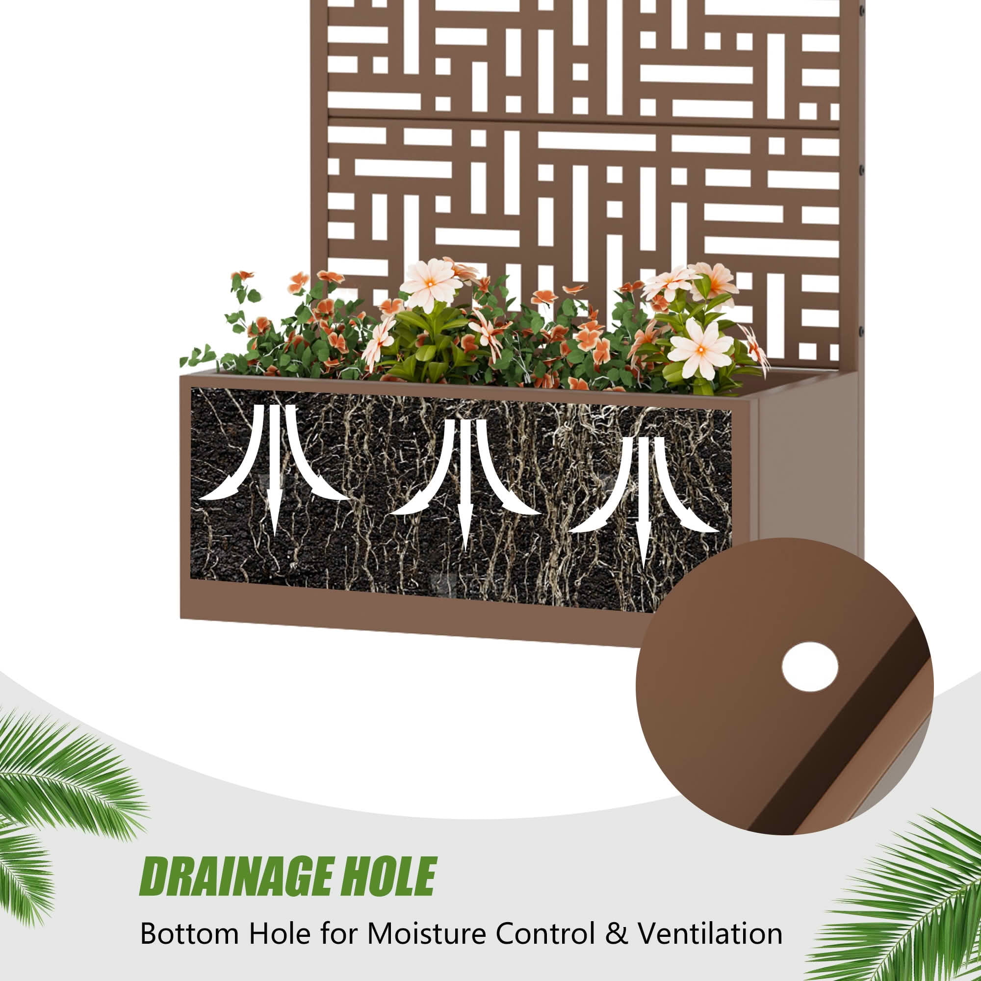MAYEERTY 59X30" Metal Outdoor Brown Privacy Screen with Planter Box for Backyard & Garden, 4 Piece Set