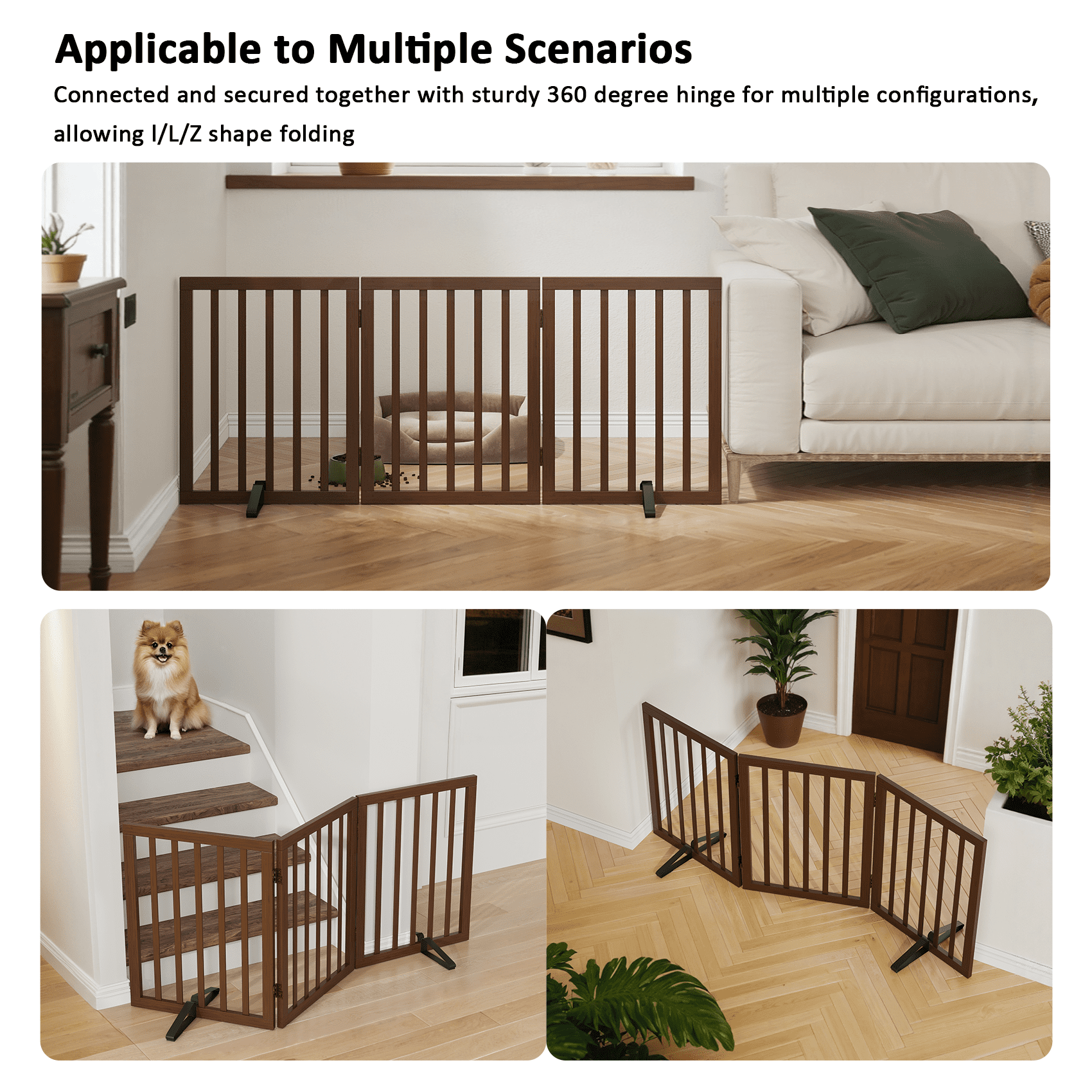 Smart FENDEE Bamboo Dog Gate Freestanding 3 Panel Pet Gate for Doorways, 2 Support Feet, Espresso