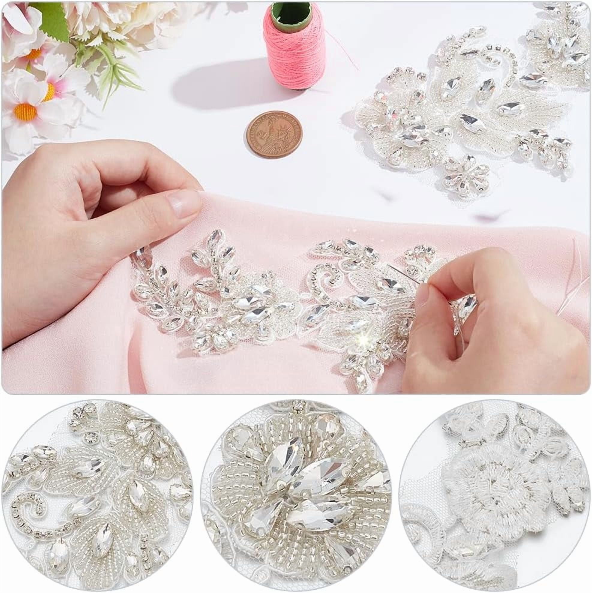 2Pcs Rhinestone Lace Applique Sparkling Rhinestone Iron on Wedding Applique Patches for Bridal Dress Decoration Handmade Sewing on Neckline Embroidery Applique for DIY Costume Dress Clear