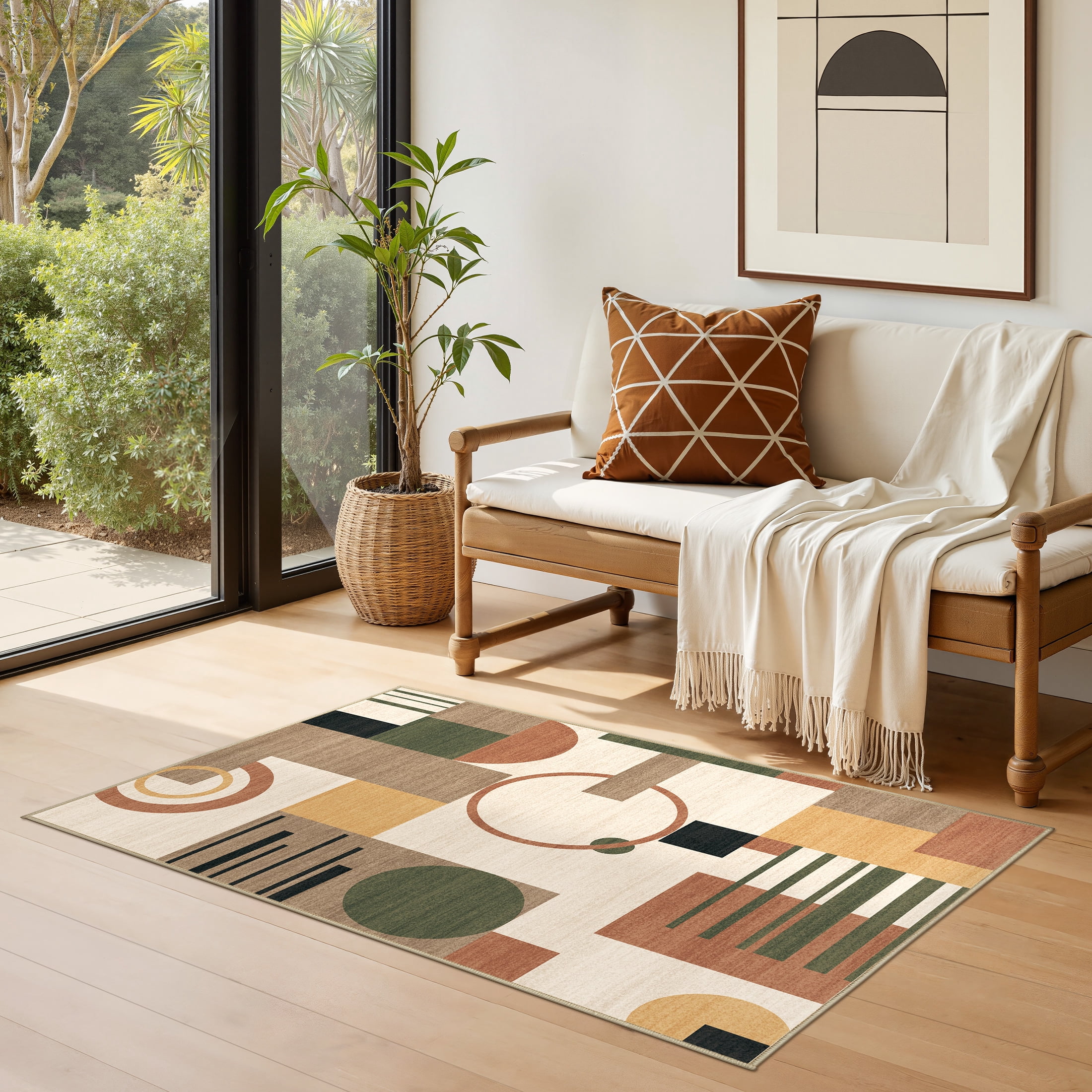 MICGEEK 3x5 Washable Area Rugs for Living Room, Modern Geometric Printed Rug, Vacuum-Friendly, Non Slip Indoor Rug for Bedroom Dining Room Home Decor Carpet, Beige Multi