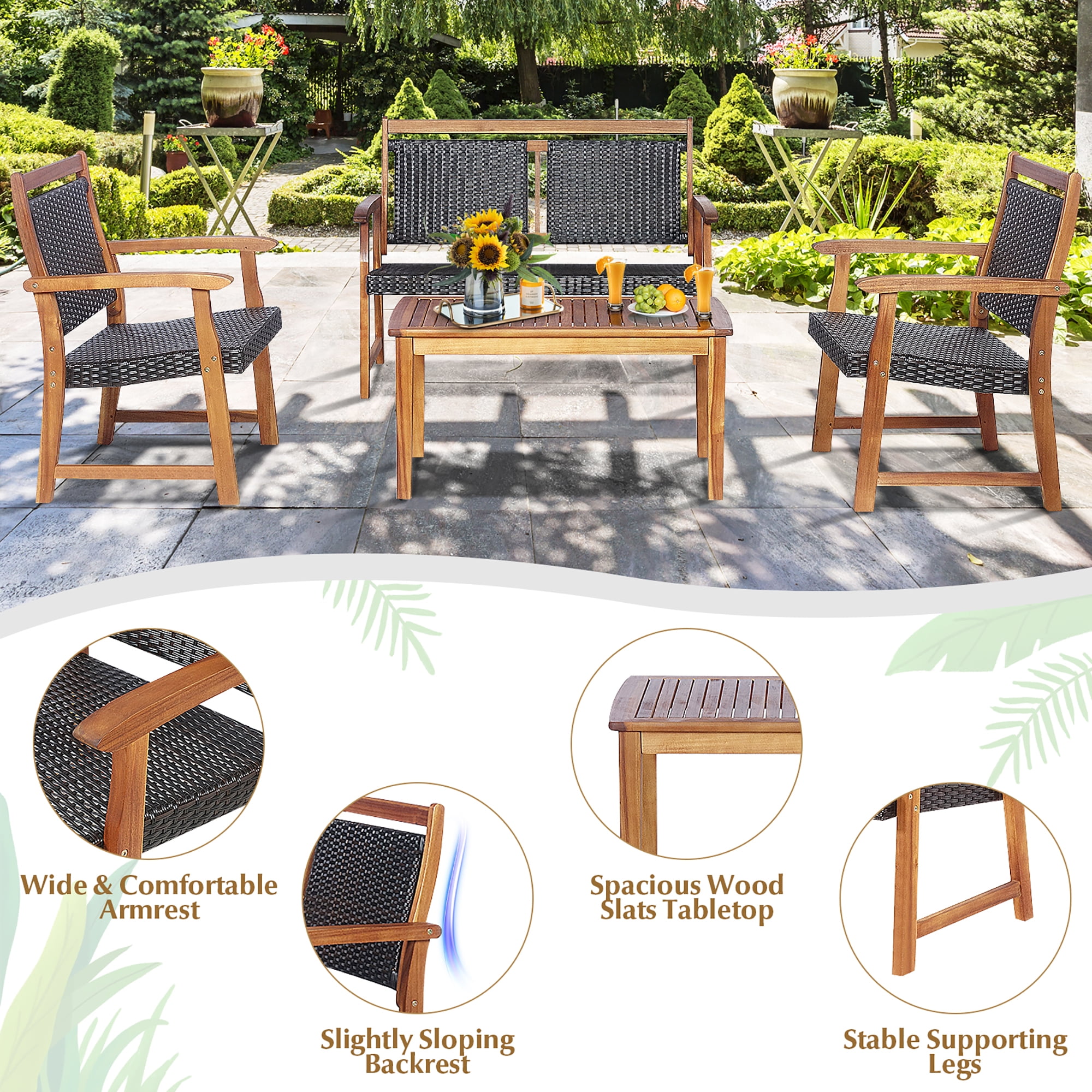 Costway 4 PCS Patio Rattan Furniture Set Acacia Wood Frame Sofa Loveseat Garden