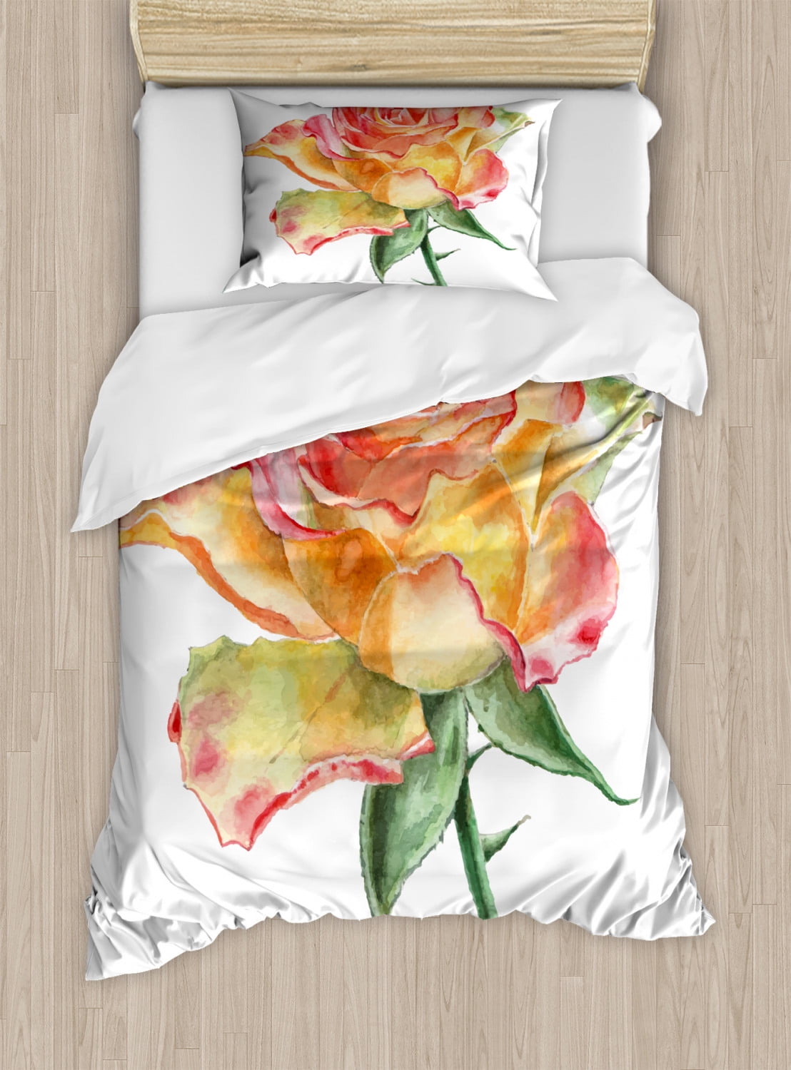 Rose Duvet Cover Set, Hand Drawn Rose in Watercolors Lively Petals