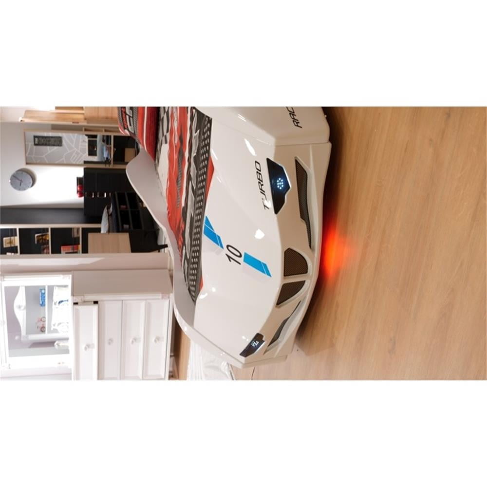 Pemberly Row Modern Wood Twin Race Car Bed with Remote Control in White