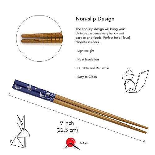 JapanBargain 5 Pair Gift Boxed Set Reusable Wood Bamboo Chopsticks 9 inch Long 