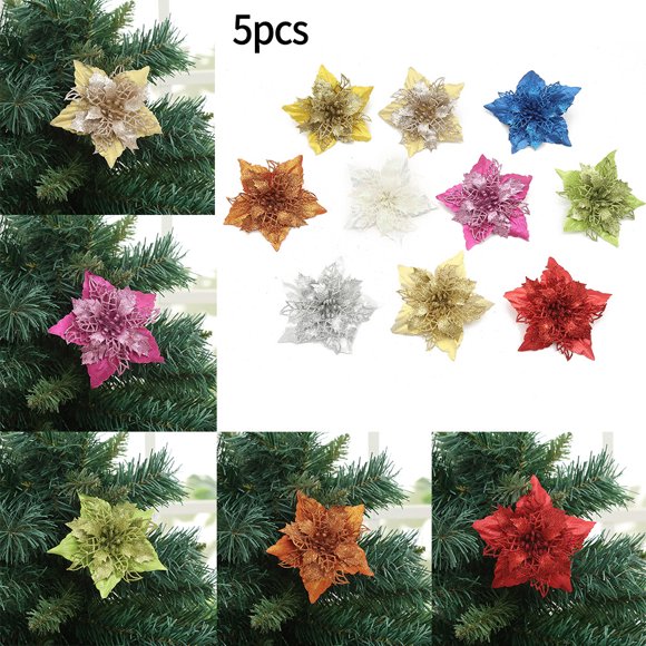 5Pcs Christmas Glitter Artificial Poinsettia Flowers Xmas Poinsettia Artificial Wedding Flowers Decorations Xmas Tree Ornaments for Party Favors, 5.6inch