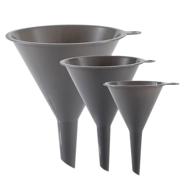 Set de 3 Embudos de Cocina de Plástico Resistente en Gris para Llenado Preciso de Botellas Conservas y Aceite